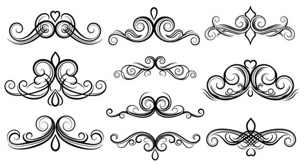 Collection of ornate black swirls and flourishes in decorative arrangements