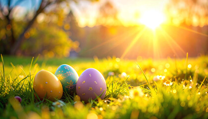 Colorful easter eggs nestled in vibrant green grass under a warm golden sun, celebrating the joy and beauty of the spring holiday season.