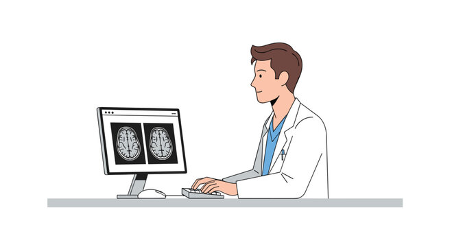 A male doctor in a lab coat sits at a desk, typing and analyzing brain scans on a computer screen.