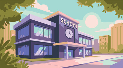 Modern school building exterior with clock and city background illustration © Tahphoto