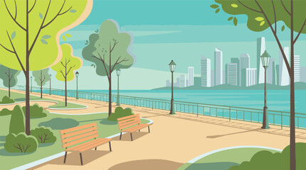 City park promenade with green trees, benches, and urban skyline © Tahphoto