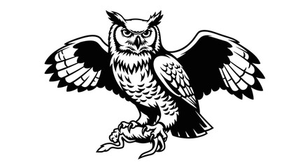 Fototapeta premium Majestic Owl Perched with Wings Spread, Black and White Illustration