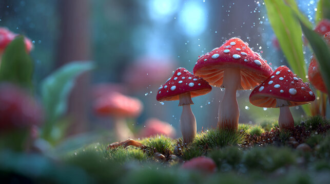 A group of vibrant red and white mushrooms in a forest setting