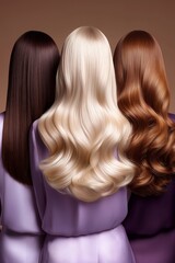 Naklejka premium Drei Frauen von hinten mit verschiedenen Haarfarben – dunkel, blond und rotbraun – in Seidenstoffen
