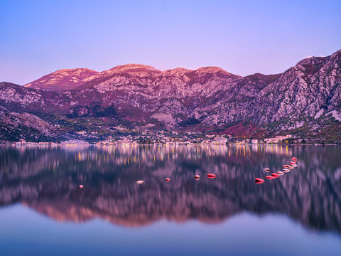 Risan Coastal Town Mountain Reflection Twilight