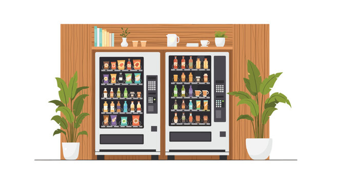 Two modern vending machines, filled with various snacks and drinks, stand side-by-side against a warm wooden wall in a contemporary office setting.