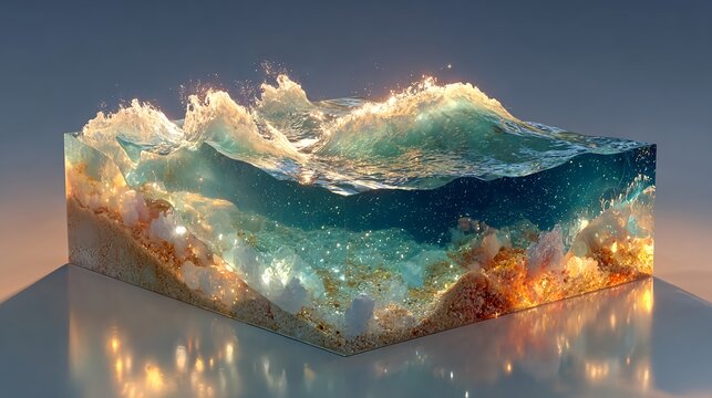 Transparent Ocean Wave Cross Section with Glowing Energy