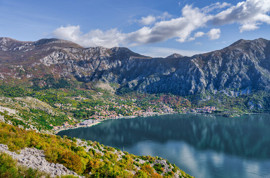 Risan Coastal Town and Karst Mountains View