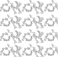 Black and white floral wreath seamless pattern. Hand-drawn botanical vector background with leaves and small flowers.