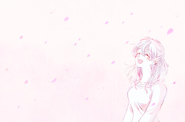 笑顔の女性と桜吹雪　桜並木