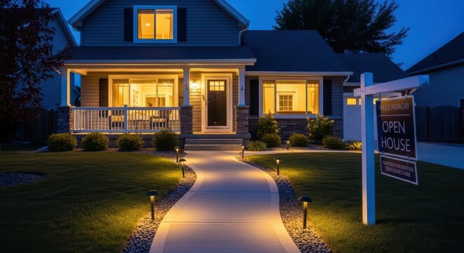 Charming suburban home with inviting porch and evening lighting at open house event