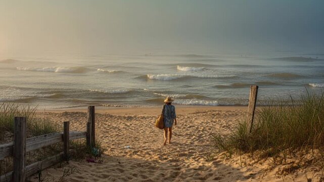Woman in a summer dress and hat walks down a sandy beach path toward calm sea in soft morning light. Relaxing vacation, peaceful seaside, nature walk, quiet escape, sunrise