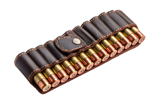 Leather Cartridge Belt with Ammunition, Hunting Gear, Isolated on Transparent Background