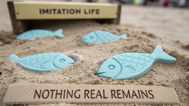 Plastic fish shapes in sand represent imitation life