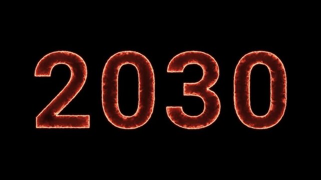 2030 Text Glowing Neon Reveal Animation Orange Isolated On Black Background