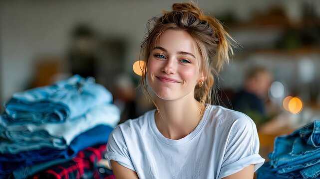Smiling young woman in casual white t-shirt sitting near stacks of folded denim clothes, cozy lifestyle and laundry organization concept