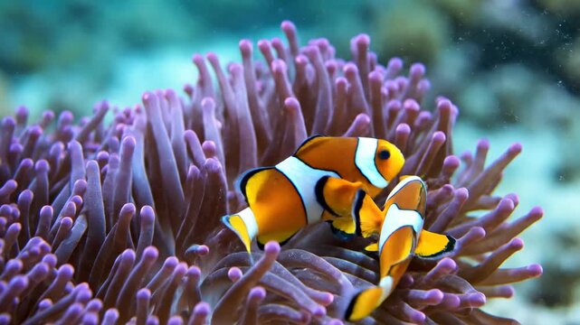 Slow motion macro close-up of delicate purple anemone tentacles gently swaying in the current while small orange and white clownfish interact playfully white, purple, tentacles