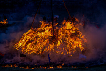 Traditional Korean bonfire festival scene of burning Daljip during Jeongwol Daeboreum folk celebration.