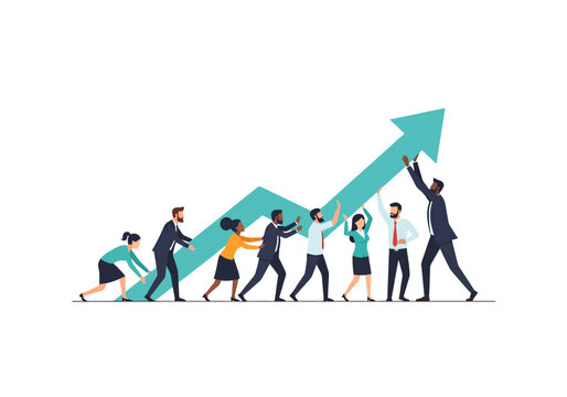 Diverse group of business professionals working together to push a growing arrow symbolizing upward progress and collaboration in a professional