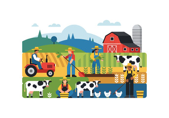 Naklejka premium Rural Agriculture Scene With Farmers Working Diverse Crops And Livestock On Sunny Day