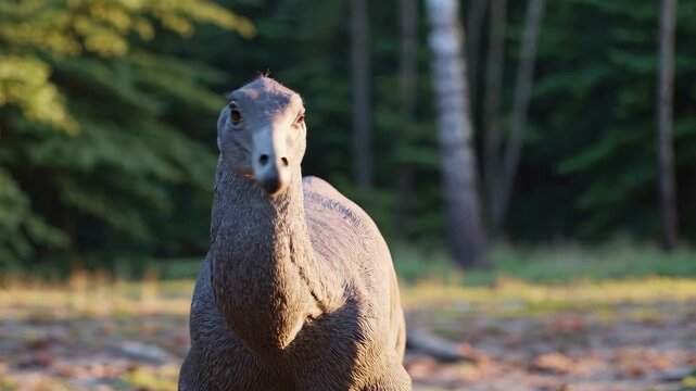 A detailed head shot of a flightless prehistoric bird or dinosaur with gray skin and large eyes, set against a soft bokeh forest background. The 3D render emphasizes the realistic skin texture and lif