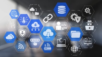 Naklejka premium Cloud computing, cloud strategy, and cloud technology transforming digital infrastructure with scalable services, secure data storage, and cloud-based digital business solutions. Spire