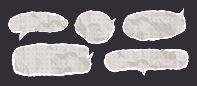Crumpled torn paper spech bubble in grey color with halftone effect