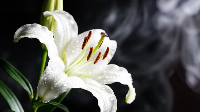 Slow motion macro shot of a single pure white lily flower in perfect bloom gently swaying in a soft breeze against a dark, ethereal background high speed, beautiful, commercial background