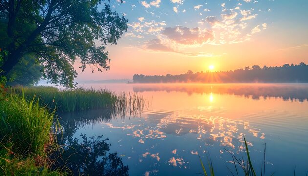 Sunrise over serene lake; reflecting sky & trees. Golden sun peeks through clouds, painting the water and landscape. Lush foliage