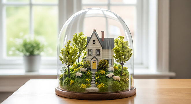 Diorama miniature house with sheep in glass dome on wooden table indoors