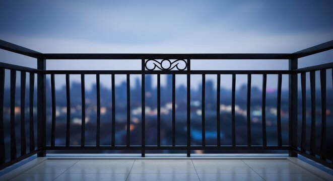 Elegant iron balcony railing with night cityscape view and bokeh effect in urban setting
