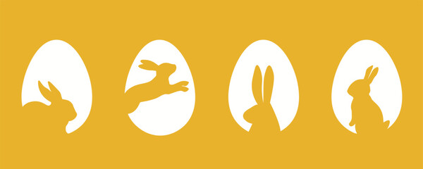 Naklejka premium happy easter banner card with egg and rabbit yellow. flat modern minimalistic illustration ,postcards, poster, ad