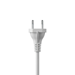 White two-pin European power plug with a ribbed cable, designed for electrical connection and power supply, isolated PNG with Transparent Background