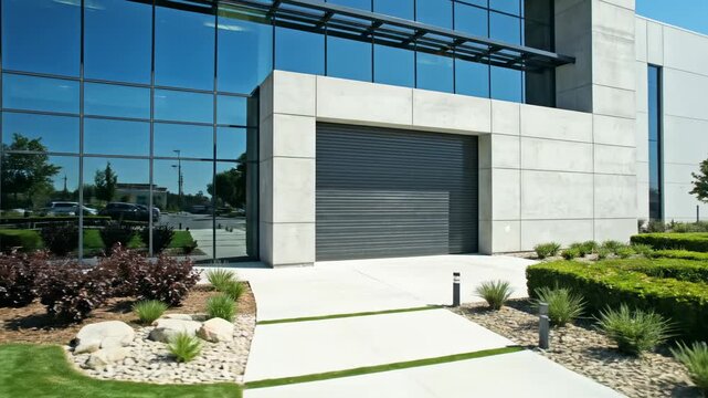 Modern Commercial Building: Sleek Glass Facade & Premium Landscaping