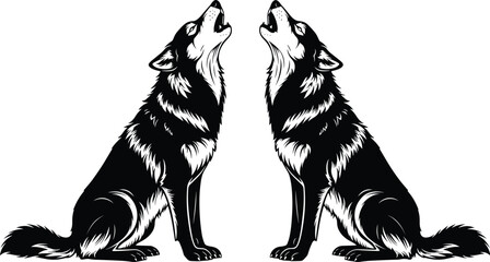 Black and white vector line art illustration of two howling wolves or huskies sitting and facing each other for wildlife nature and canine branding © Momotaj
