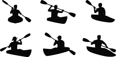 Black silhouettes of people rowing kayaks and canoes with paddles in various active water sports poses isolated on white background for outdoor adventure design © Puspo