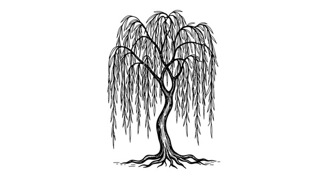 Detailed sketch of a weeping willow tree with cascading branches and roots