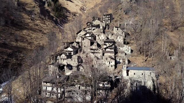 Narbona, Italy - Ruin of an old abandoned village in Piedmont, old town aerial panorama, travel, trekking, tourism, emotional, cinematic

