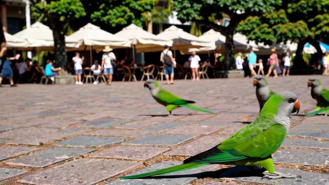 A green parrot explores a paved outdoor plaza with blurry figures of people and cafe umbrellas in the background. The shot illustrates the coexistence of exotic birds and human urban environments.