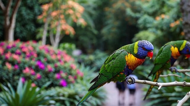Two vibrant, multi-colored parrots with blue heads and green wings are perched on a branch in a botanical setting. The bright plumage of the lorikeets stands out against the soft, blurred garden backg
