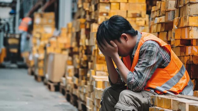 Tired warehouse worker takes a moment to rest among stacked wooden crates during a long shift at the distribution center