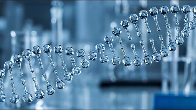 DNA structure molecular model science biology genetics laboratory research blue transparent double helix water droplets scientific experiment medical technology futuristic innovation chemistry liquid