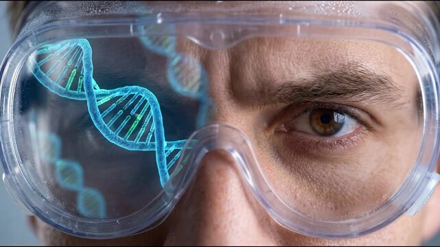 Scientist wearing protective goggles with DNA strand reflection close up of focused eye genetic research biotechnology innovation laboratory environment scientific study molecular biology experiment