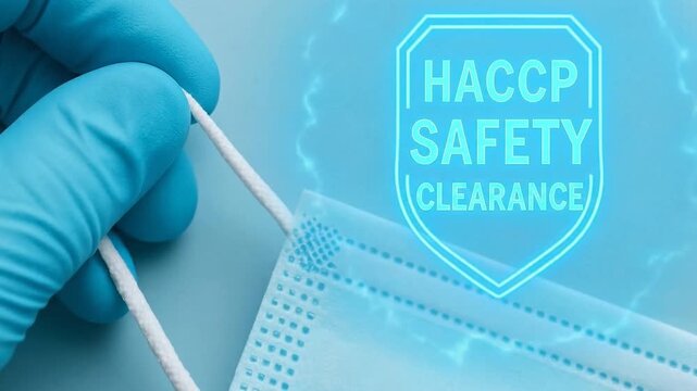HACCP safety clearance concept with gloved hand holding disposable face mask string emphasizing hygiene protection health medical protocols and face mask glove safety assurance in blue tone