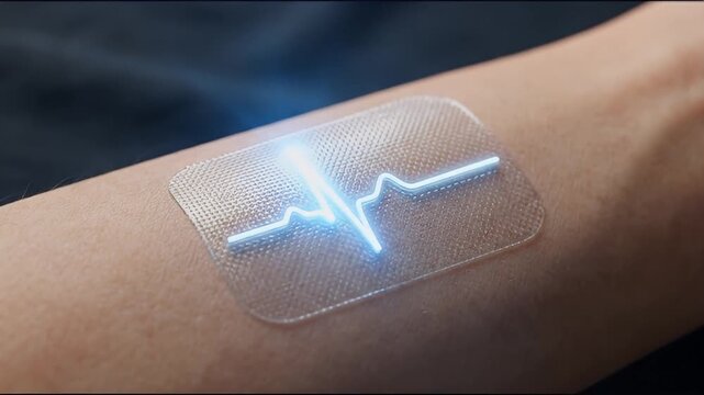 Transparent medical patch with glowing heartbeat symbol on skin, close up of arm health monitoring technology, wearable futuristic health device for continuous pulse tracking and personal monitoring