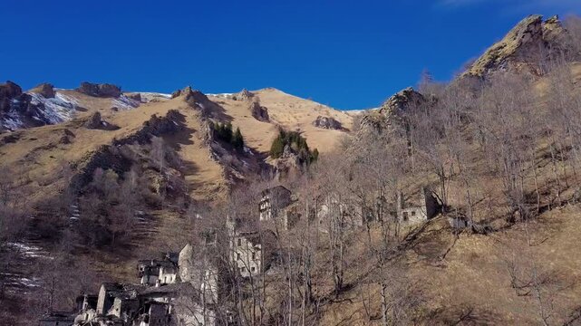 Narbona, Italy - Ruin of an old abandoned village in Piedmont, old town aerial panorama, travel, trekking, tourism, emotional, cinematic
