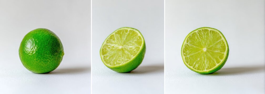 Fresh limes whole and cut on white background fresh food composition