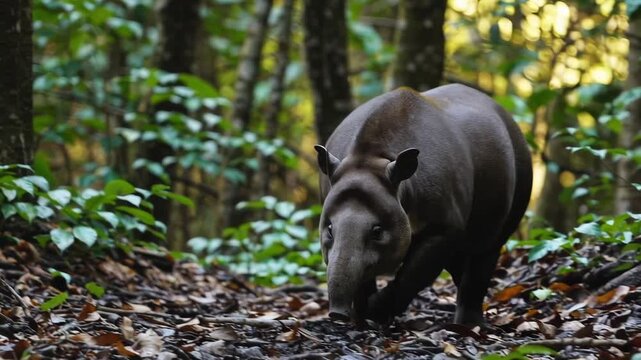 A large, dark-skinned tapir moves through a shaded forest environment with dense green foliage in the background. The scene highlights the unique snout and heavy build of this exotic mammal in its woo