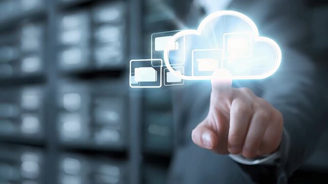 Business professional using cloud storage technology for document management in a modern office setting with data visualization elements