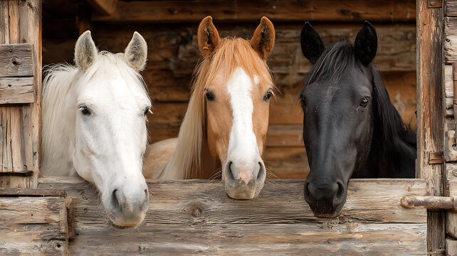 Three horses peeking over a wooden fence in a rustic stable setting with curiosity